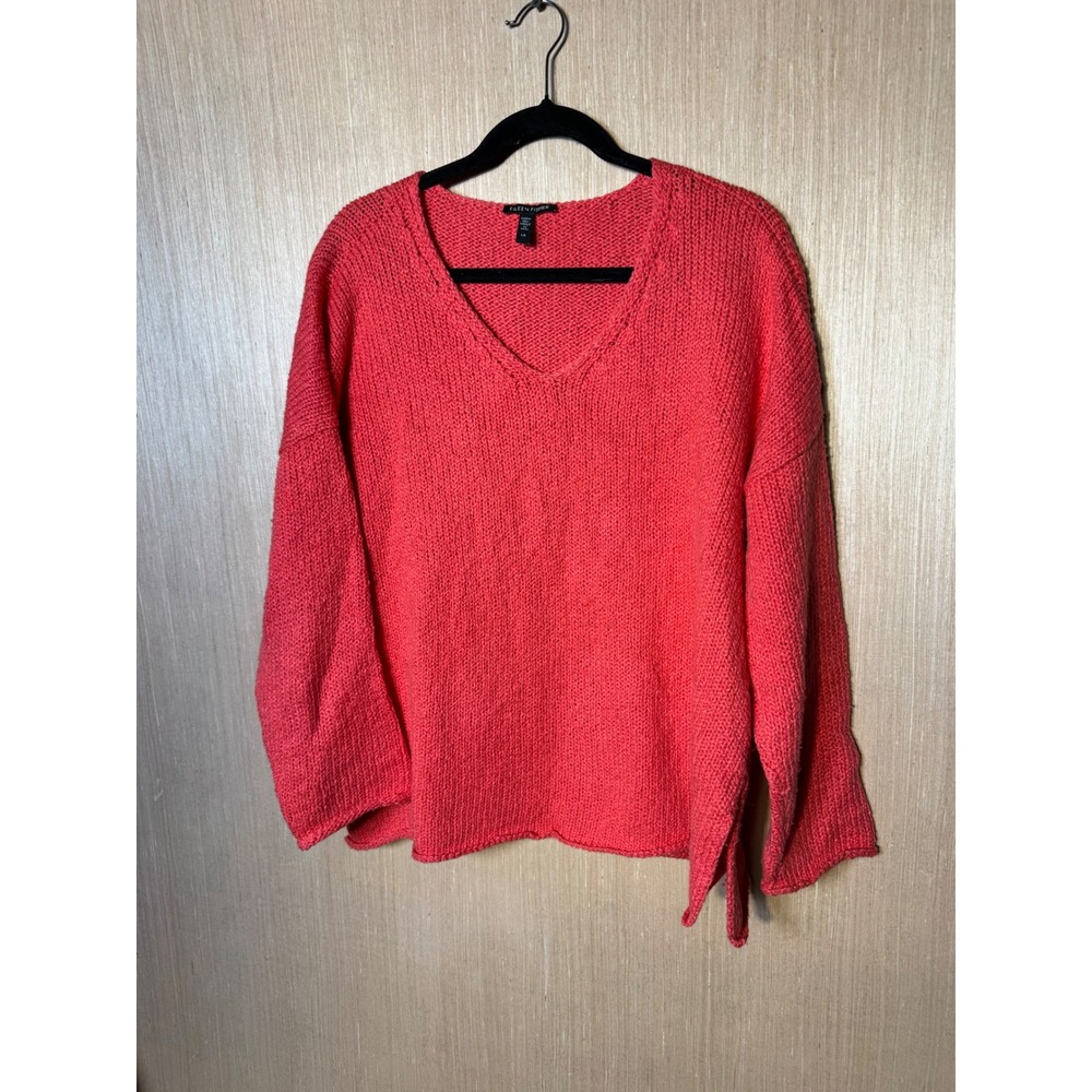 Eileen Fisher Womens Large Coral Pink Organic Cotton V-Neck Chunky Knit Sweater